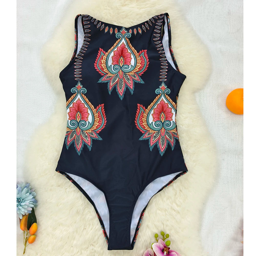 Maillot de bain une pièce à imprimé classique à lacets pour femme, maillot de bain une pièce push-up à fleurs, vêtements de plage pour femme 